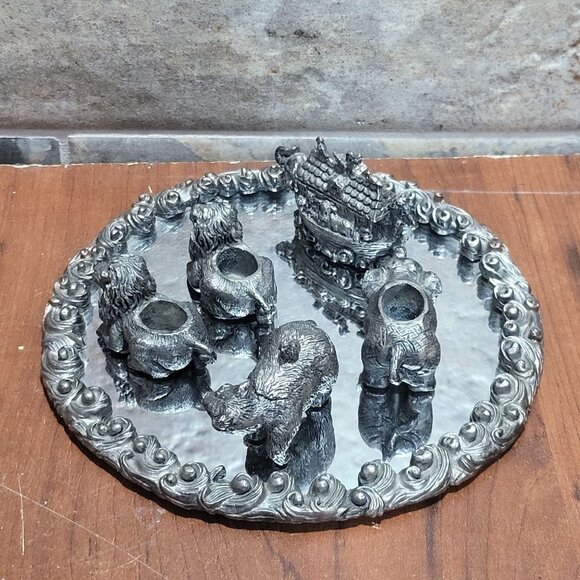 Vintage Ganz Miniature Pewter Noahs Ark Bear Lion Elephant Figures on Mirror Bas - Picture 3 of 13